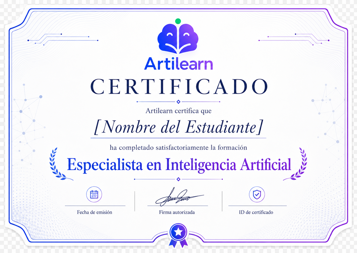 Ejemplo del certificado de Especialista en Inteligencia Artificial emitido por Artilearn