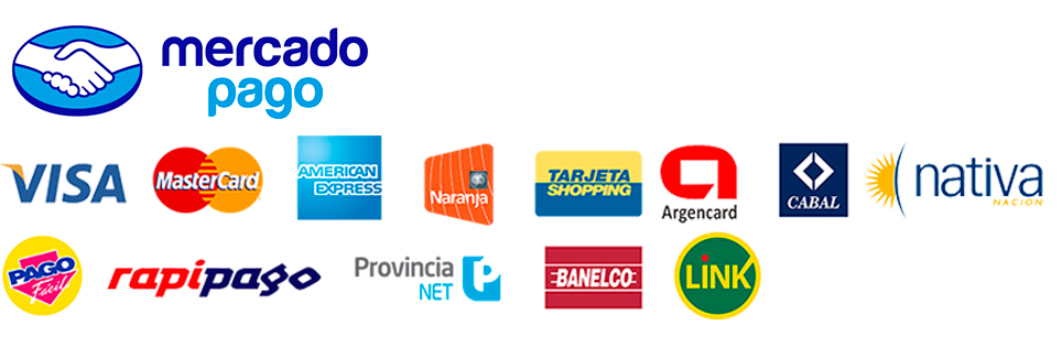 Medios de pago aceptados: Mercado Pago, Visa, Mastercard, American Express, Naranja, Tarjeta Shopping, Argencard, Cabal, Nativa, Pago Fácil, Rapipago, Provincia NET, Banelco, Link