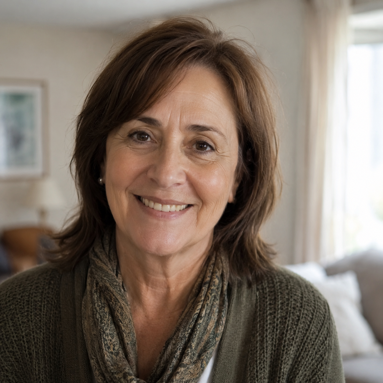 Nora, alumna del programa, en el living de su casa