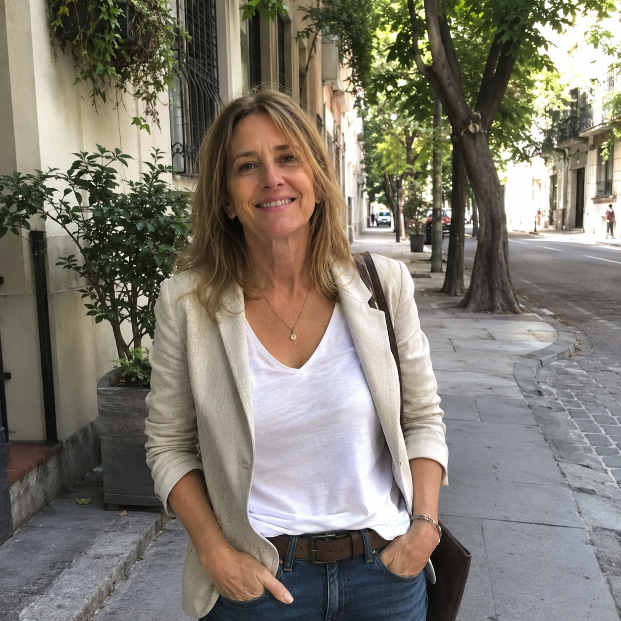 Paula, alumna del programa, caminando por una calle arbolada